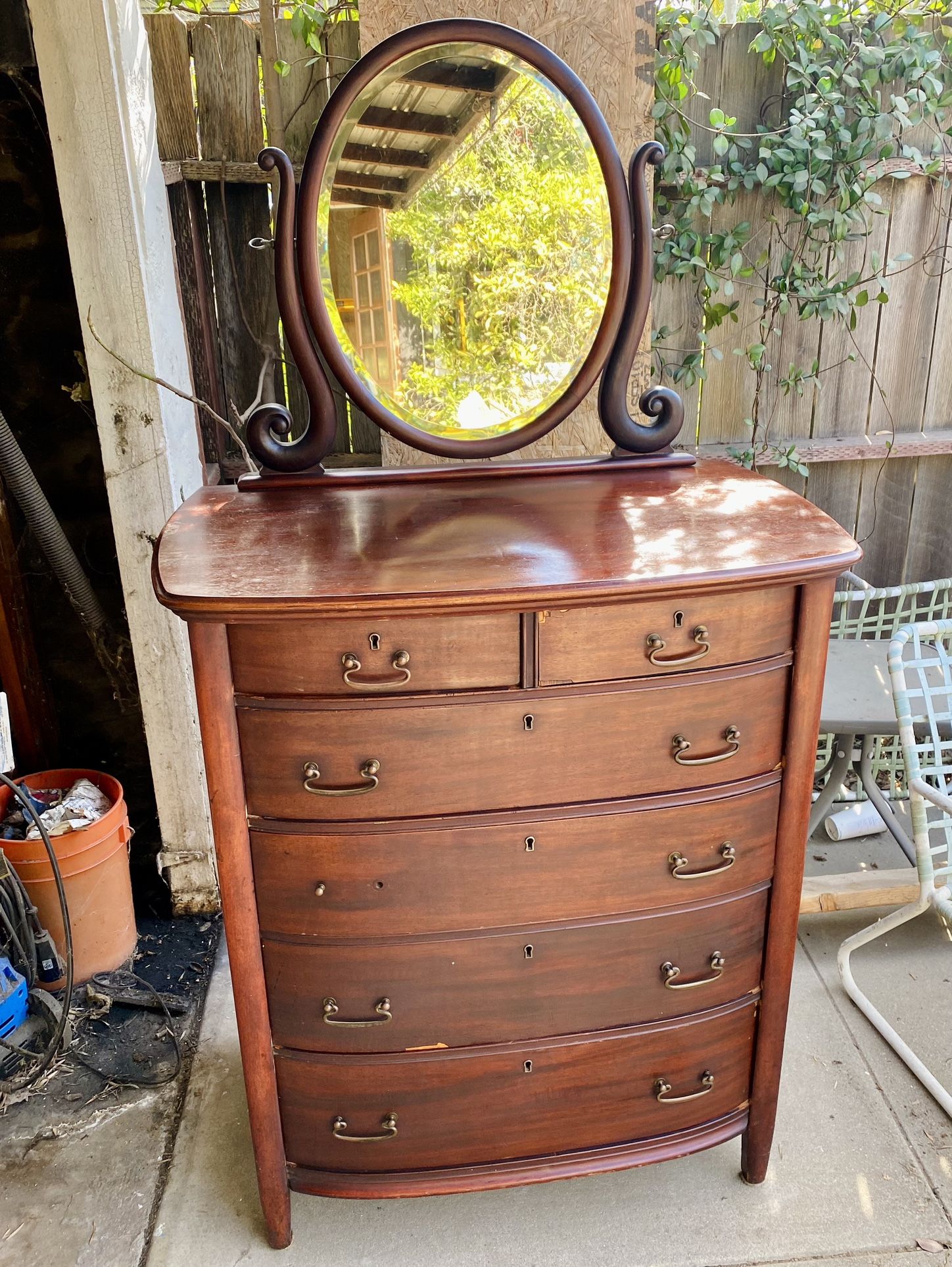 Antique Mahogany High Boy Dresser Chest with Adjustable Mirror