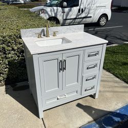 36 in. Carrara Marble Top White Bathroom Vanity Set