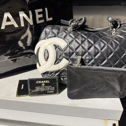 CHANEL Cambon Line Bowling Bag Shoulder Back CC Black White