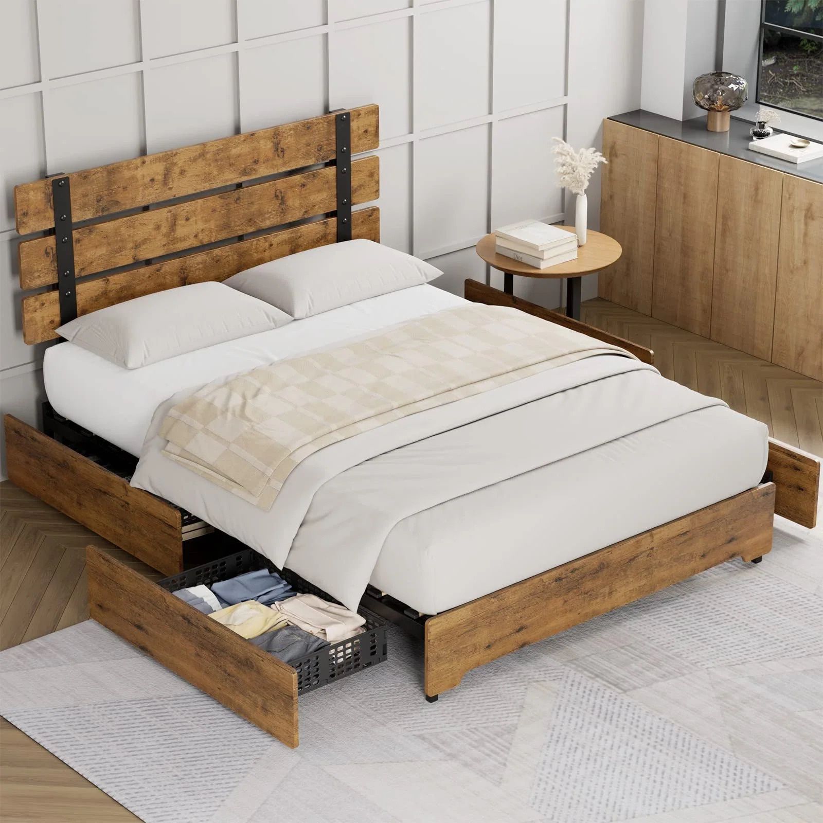 Queen Bed Frame with 4 Storage Drawers