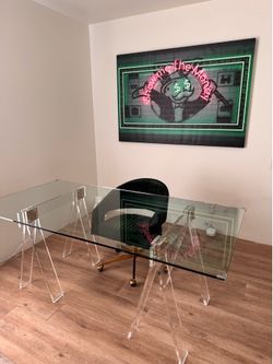 Modern Lucite Acrylic & Thick Glass Dining Table / Executive Office Desk (72”)