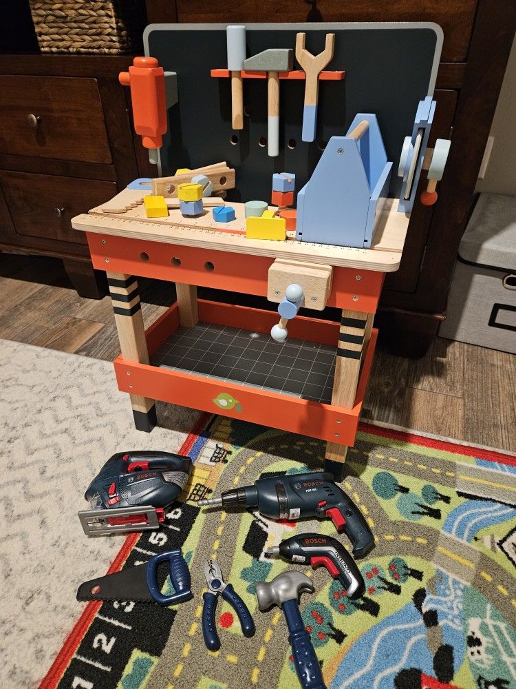 Vintage Farmhouse Solid Wood Childrens Tool Bench and All Wooden Tools
