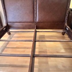 Solid Wood King Sleigh Bed Frame - Carved Wood + Woven