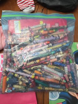 Crayons, color pencils, erasers, pencil bag, coloring book