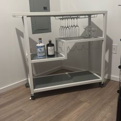 Modern White Bar Cart with Glass Shelves – Excellent Condition