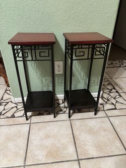 Pair of Pedestal Plant Stand With Wooden Shelf