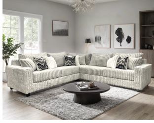 Cream Ribbed Fabric L-Shaped Sectional Sofa