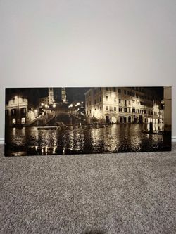 Panoramic Canvas Wall Art - Spanish Steps, Rome at Night (Black & White / Sepia) (60”x24”)
