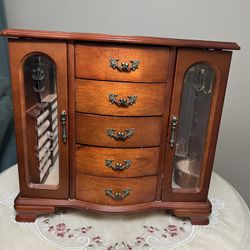 Vintage Wooden Jewelry Box With Drawers & Mirrors & Hooks