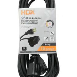 HDX 25 ft. 16/3 Light Duty Indoor/Outdoor Extension Cord with Multiple Outlet Triple Tap End, Black
