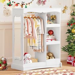 Kids Dress Up Storage with Flower Mirror, Open Hanging Closet Wardrobe for Children, Kids Armoire & Costume Organizer for Bedroom Playroom Preschools 