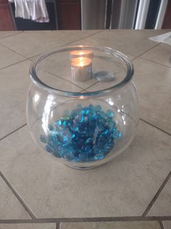 Small Shatterproof Aquarium Fish Bowl with Blue & Green Rocks - Great Condition!