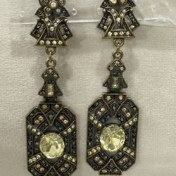 Heidi Daus Art Deco Revival Bronze Tone Metal Crystals Dangle Clip On Earrings
