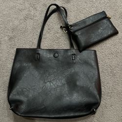 Large Black and Brown Tote Purse Handbag and Matching Travel Case