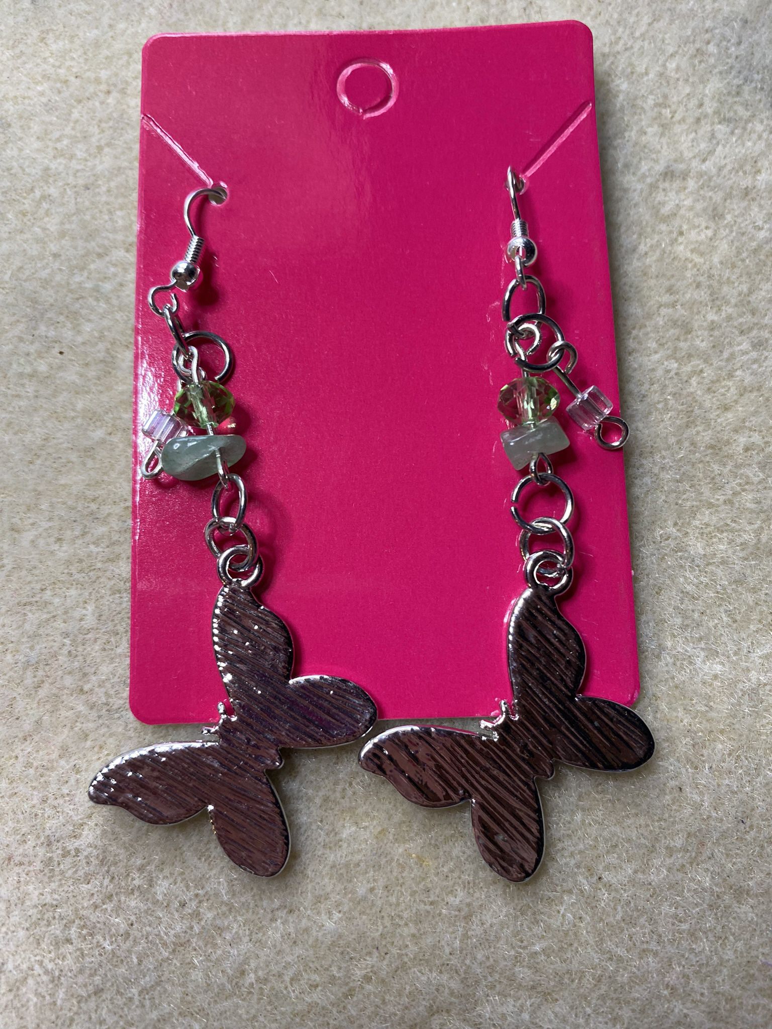 Earrings, Butterfly , Green , Silver, 