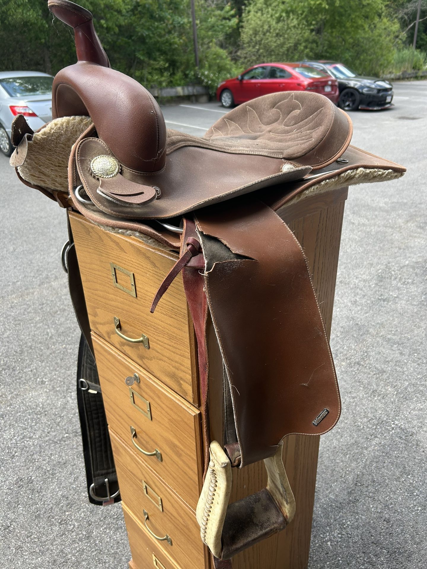 Western Saddle, Pad And 2 Riding Helmets