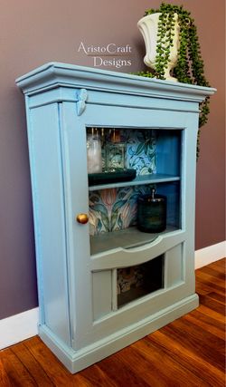Refinished Vintage Dusty Blue Display Cabinet With Coordinating Botanical Style Backing Paper