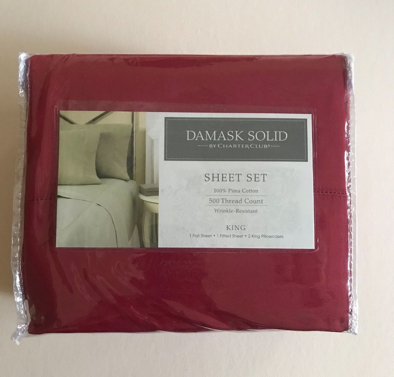 Charter club king size sheet set burgundy solid 500 thread count.