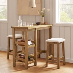 mopio Kelly Solid Wood Counter Table Set with 2 Boucle Stools, 3-Piece Small Dining Kitchen Island Table Set for 2, with Storage Shelves, for Living R