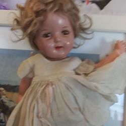 Plaster doll vintage unmarked. Detailed with teeth blonde mohair curly older cotton dress eyes open and shut arranbee Nancy doll 1930 s