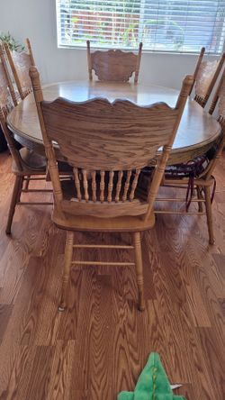 Solid Oak Dining Set by A-America – Table, Leaf & 6 Chairs.