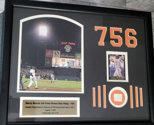 Barry Bonds Hall of Framers 756 Home Runs Picture with Jersey Swaths. Framed 16 X 20