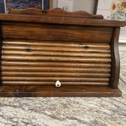 Vintage Wooden Roll Top Bread Box with Curved Sides & Knob – Dark Wood
