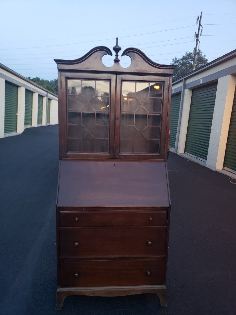 19th Century Antique Secretaries Desk With Glass Hutch, Working Key And Matching Chair