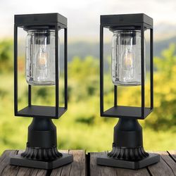Set Of 2 Solar Post Lights, Dusk to Dawn Aluminium Lamp Post Light Fixture with Pier Mount Base