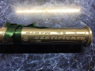 Baby birth certificate scroll and pewter case