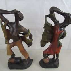 African Hand Carved Wooden Man & Woman Tribal Dancers 17 3/4" Tall

