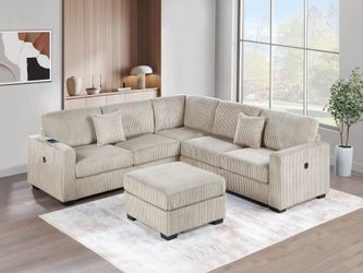 Brand New Beige Corduroy Sectional Sofa w Ottoman