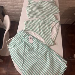 Striped Bikini Set and Swim Trunks