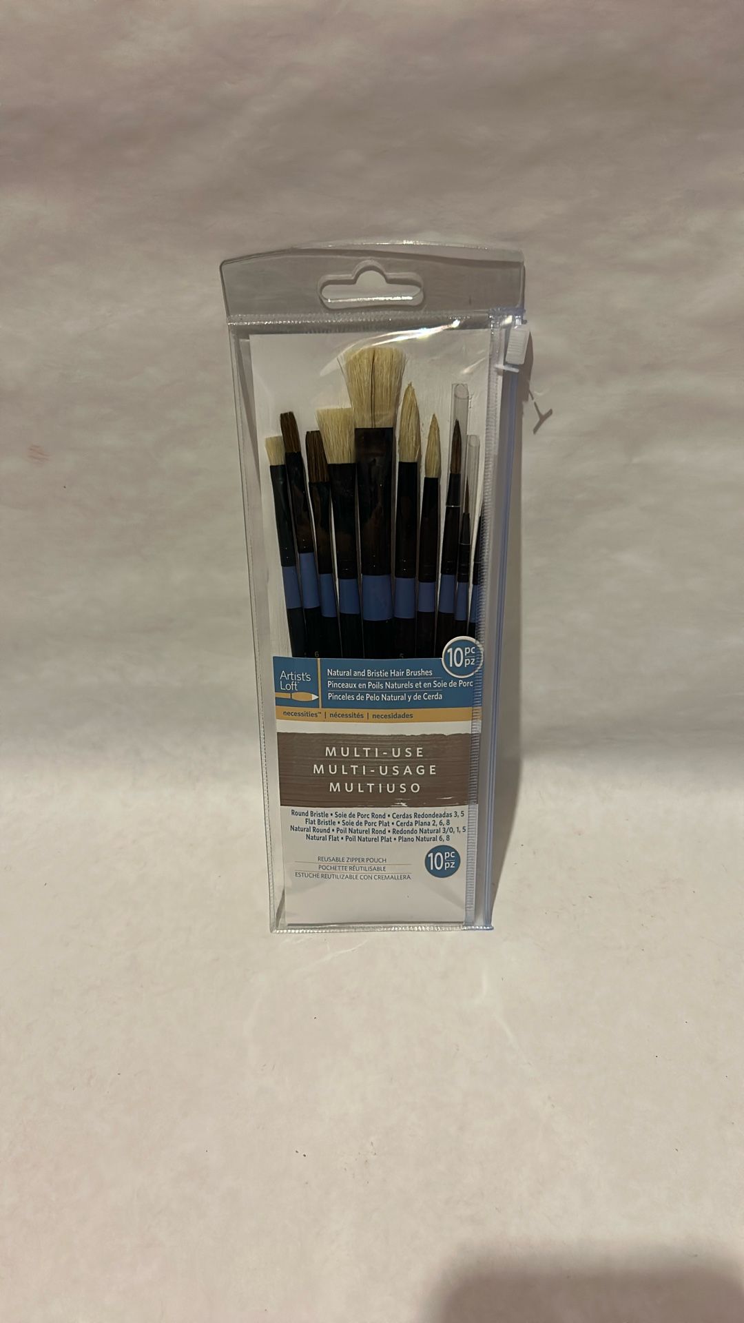 10-piece set of Artist's Loft multi-use natural and bristle hair brushes in a reusable zipper pouch.