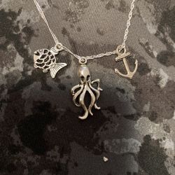 925 Sterling Silver Octopus, Fish & Boat Anchor Charm Necklace 