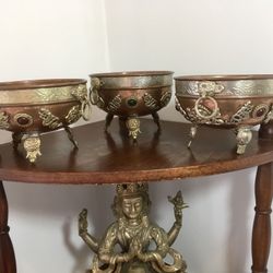 Ornate  Copper and Brass Bejeweled Footed Bowl