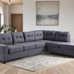 NEW IN BOX - James Linen Fabric Grey  Tufted ReversibleSectional  Finance Available $54 Down Pmt👑