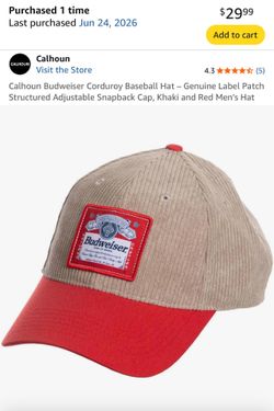 Calhoun Budweiser Corduroy Baseball Hat – Genuine Label Patch Structured Adjustable Snapback Cap, Khaki and Red Men’s Hat