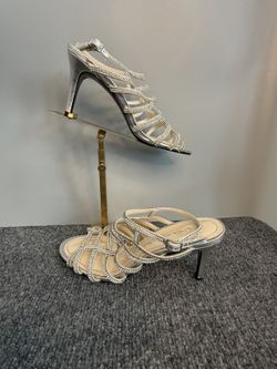 Caparros Women’s Silver Leather Strappy Open Toe Ankle Strap Rhinestone 7 Heel