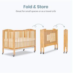 NEW! $100 ! Dream On Me Full-Size 2-in-1 Folding Baby Crib in Natural, GreenGuard Gold & BSA, Portable, Patented Quick Folding System, Strong Wheels