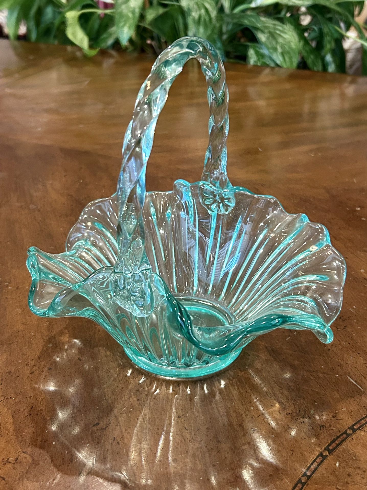 Vintage Fenton Turquoise Ruffle Glass Basket