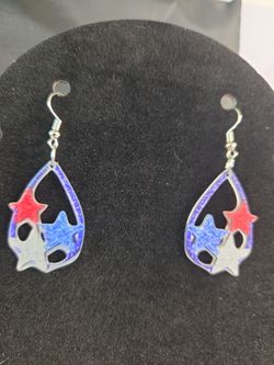 Red, Literally & Blue Teardrop w/Stars Hook Earrings # 19