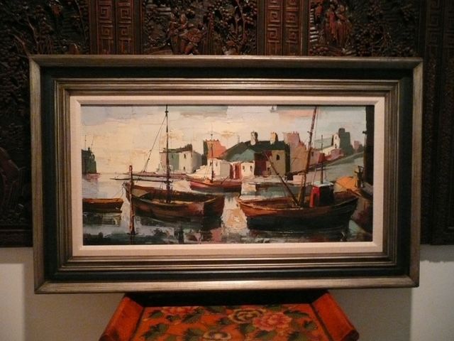 1960s Mid-Century “Seaside Boats” Oil Painting by Felmart – 20" W X 24" H