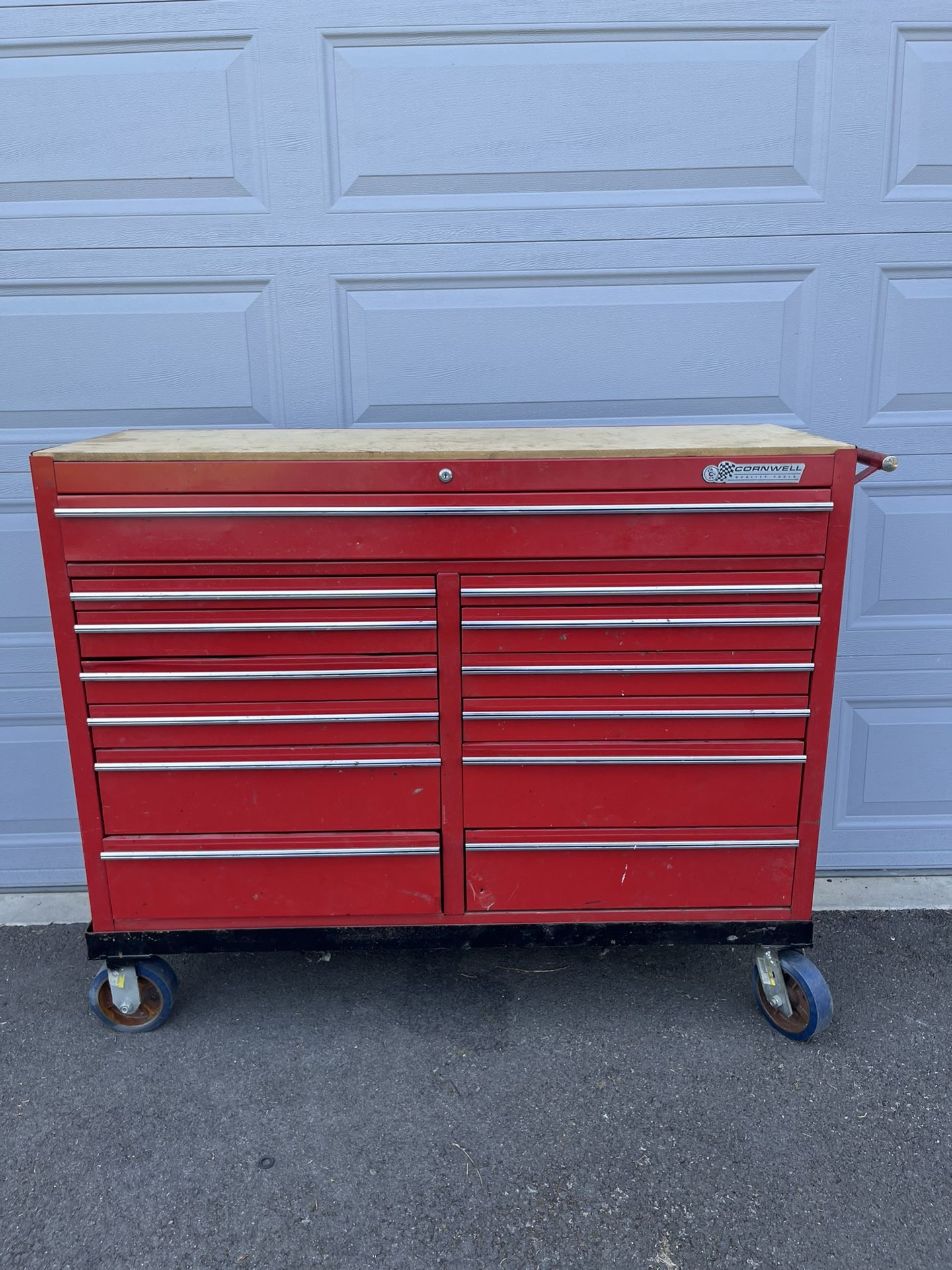 Cornwell 54” Wide Rolling Toolbox Toolchest Double Bay 13 Drawers With Side Extension And Wood Bench Top
