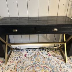 Modern Black Writing Desk with Brass Base – Distressed Finish