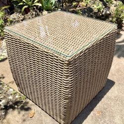 17” Outdoor Resin Wicker Side Table with Glass Top: 17”W x 17”D x 17.25”H