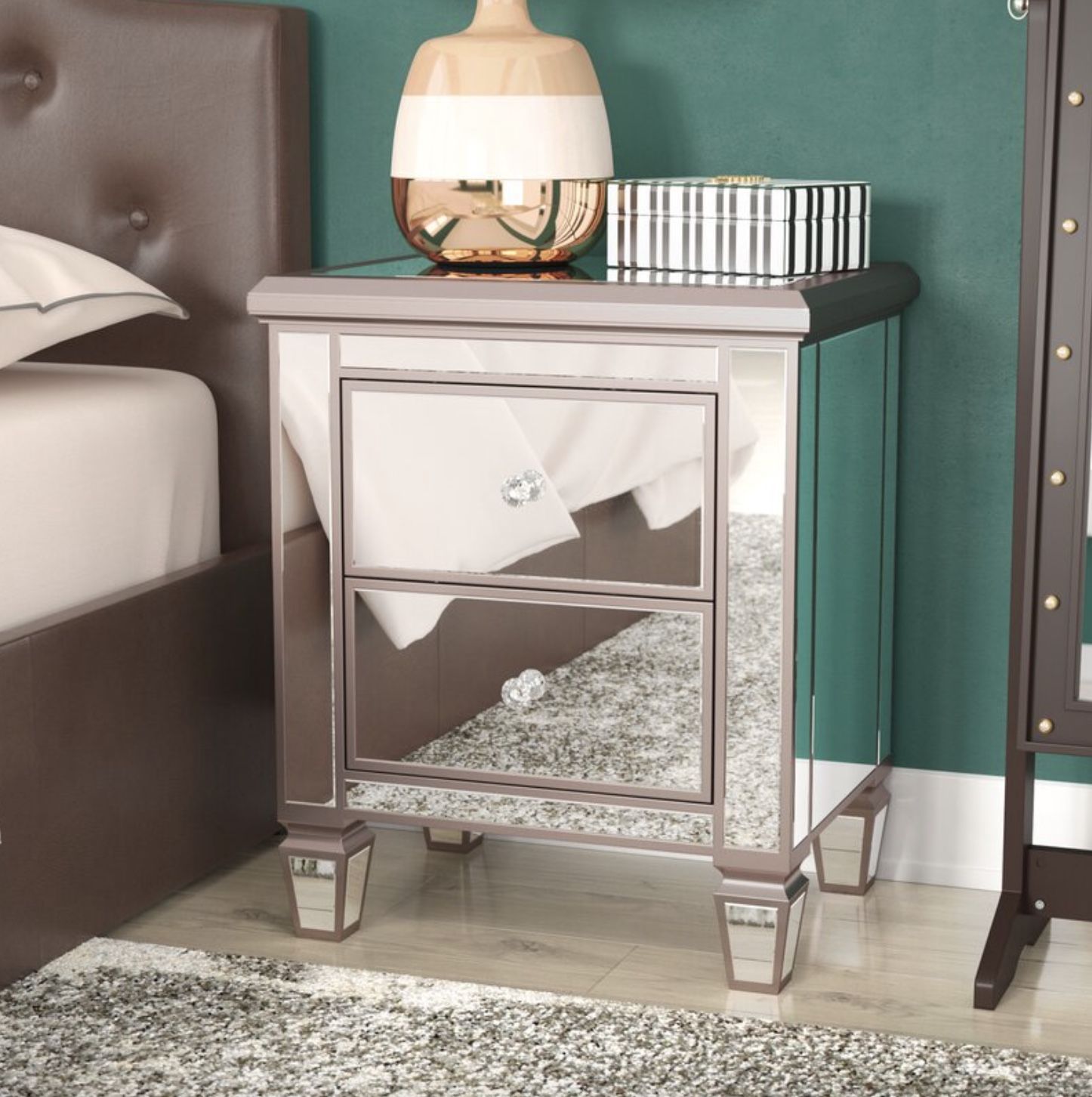 BRAND NEW - "Argento" Mirrored Drawer Bedside Table Nightstand - For Master Bedroom Modern Contemporary