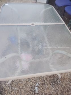 Lawn Patio Glass Table Umbrella Holder And 6 Metal Chairs 