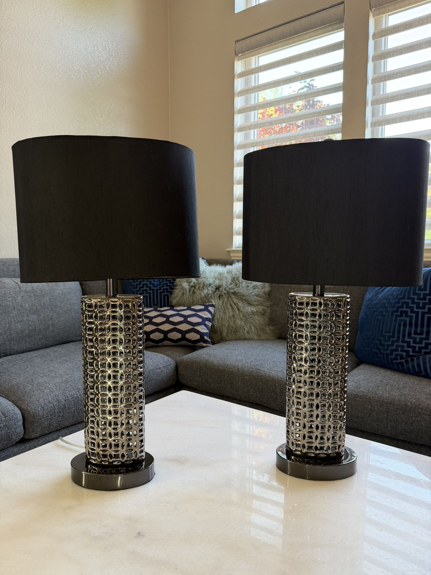 Modern Black & Silver Table Lamps – Matching Pair – 27”