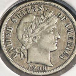 #517 Dime 1908 D Barber Dime Coin 